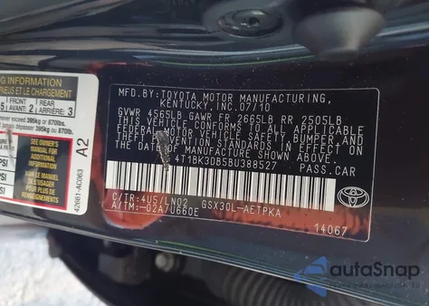 2011 Toyota Avalon Limited z USA, uszkodzony, nr VIN 4T1BK3DB5BU388527